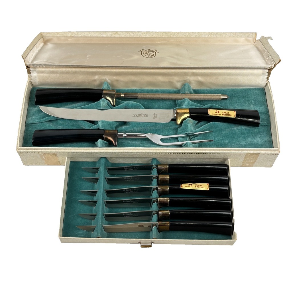 Vintage Washington Forge Steak Knife‎ Carving Set 24K Gold Plated Boxed MCM